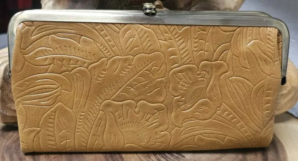 Hobo International Embossed Tooled Leather Tan Brown Lauren Clutch Double Wallet